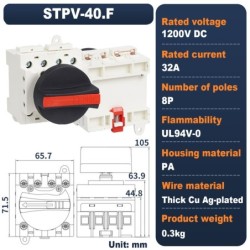 Comutator izolator DC fotovoltaic STPV-40.F, 4 Poli, 32A, 1200V DC, montaj sina DIN pentru panouri solare